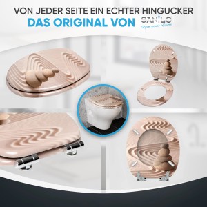 Sanilo WC-Sitz Zen mit Absenkautomatik, Holz, Sand-Optik und Stein-Motiv.