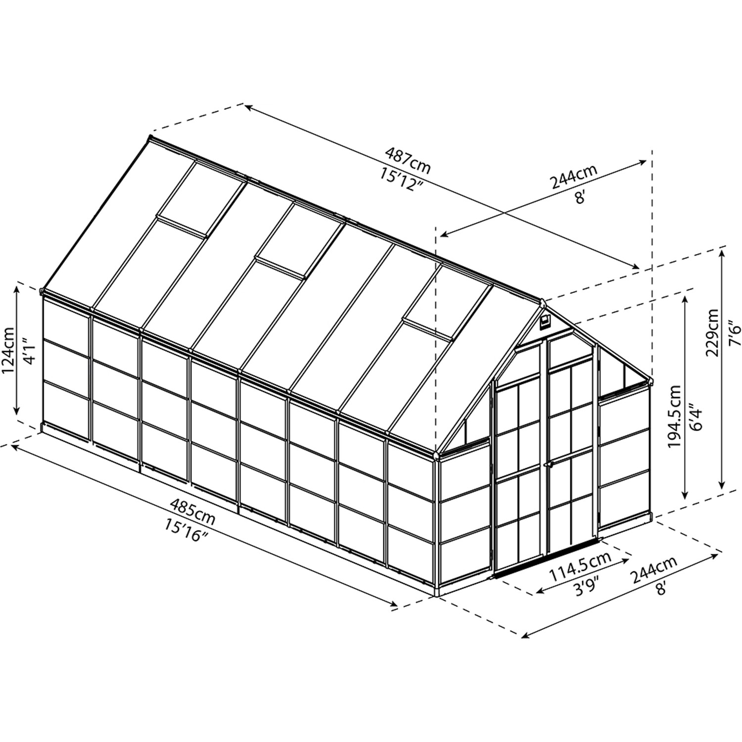 Technische Zeichnung: Palram Canopia Balance 8x16 Gewächshaus, Maße und Ansichten.