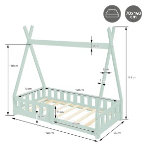 Mintfarbenes ML-Design Kinderbett Tipi 70x140 cm mit Matratze, Rausfallschutz und Lattenrost.