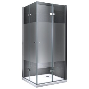 Quadratische, teilsatinierte Duschkabine 100x195x100 cm mit Pendeltüren und weißer Duschwanne.