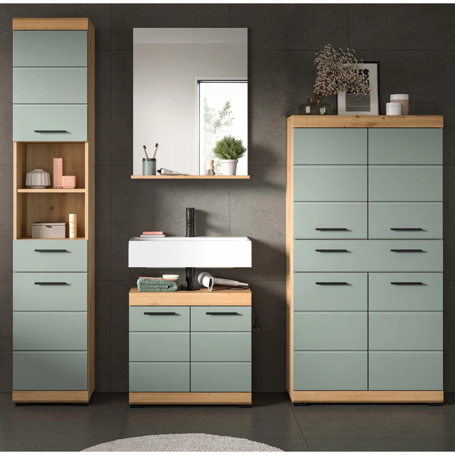 Inn.Furn Badmöbel Set in Grün und Eiche 4-teilig 200 cm Shawn günstig online kaufen