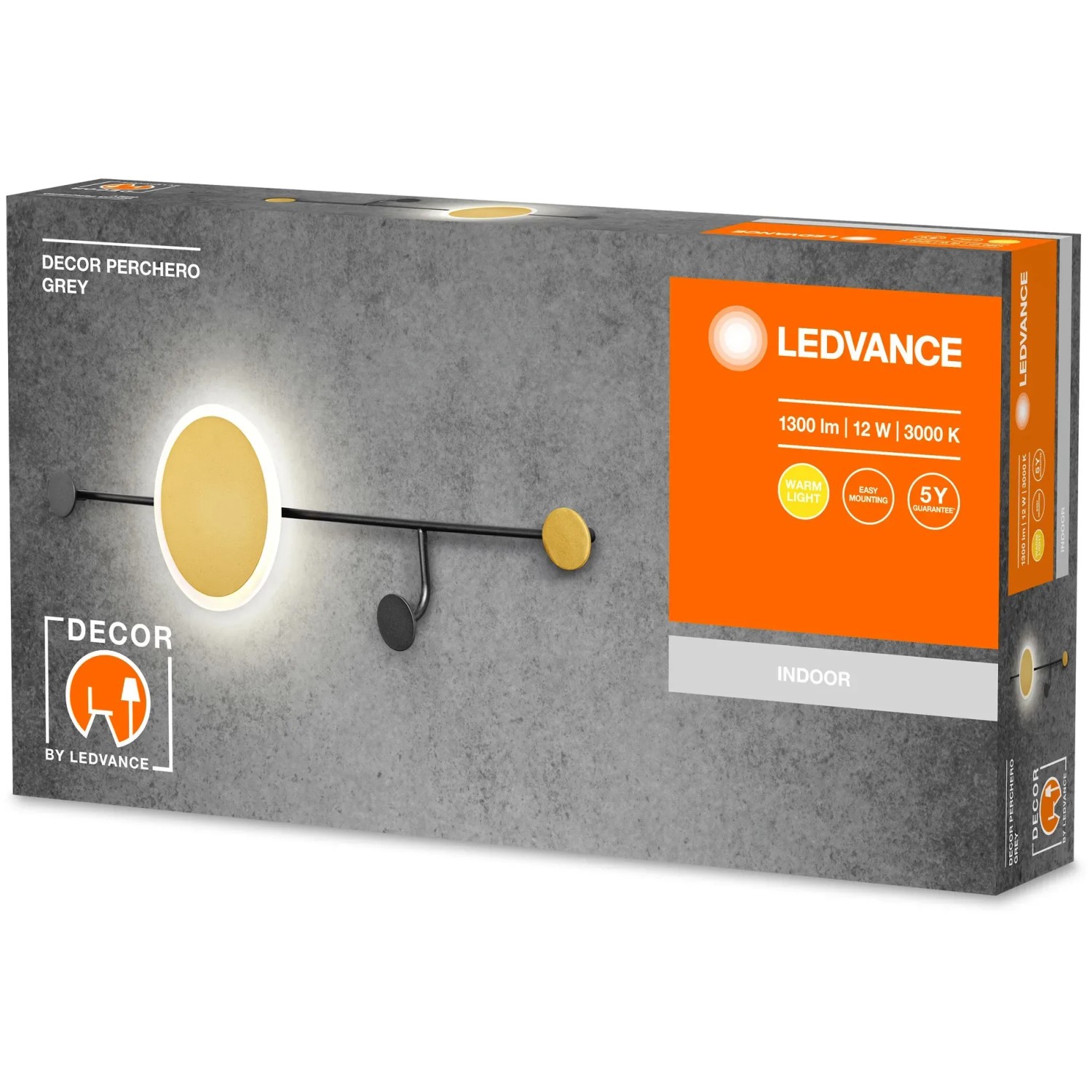 Verpackung der Ledvance Wandlampe Decor Perchero Grau 77 cm mit Kleiderhaken und indirektem Licht.