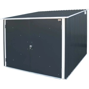 Duramax Fahrradgarage 2x2m aus Metall, grau mit abschließbarer Doppeltür.