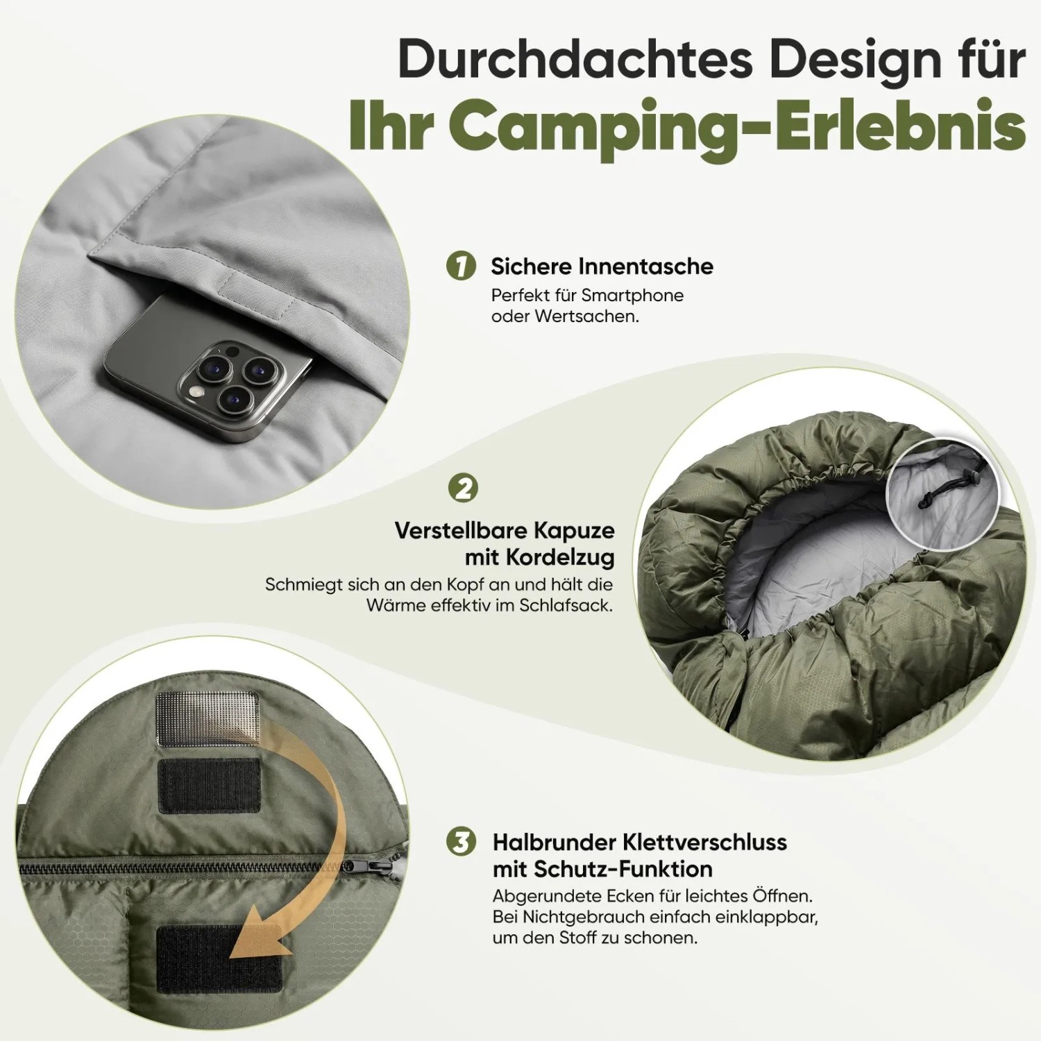 Sekey Deckenschlafsack Grün: Details wie Innentasche, Kapuze und Klettverschluss für Camping.