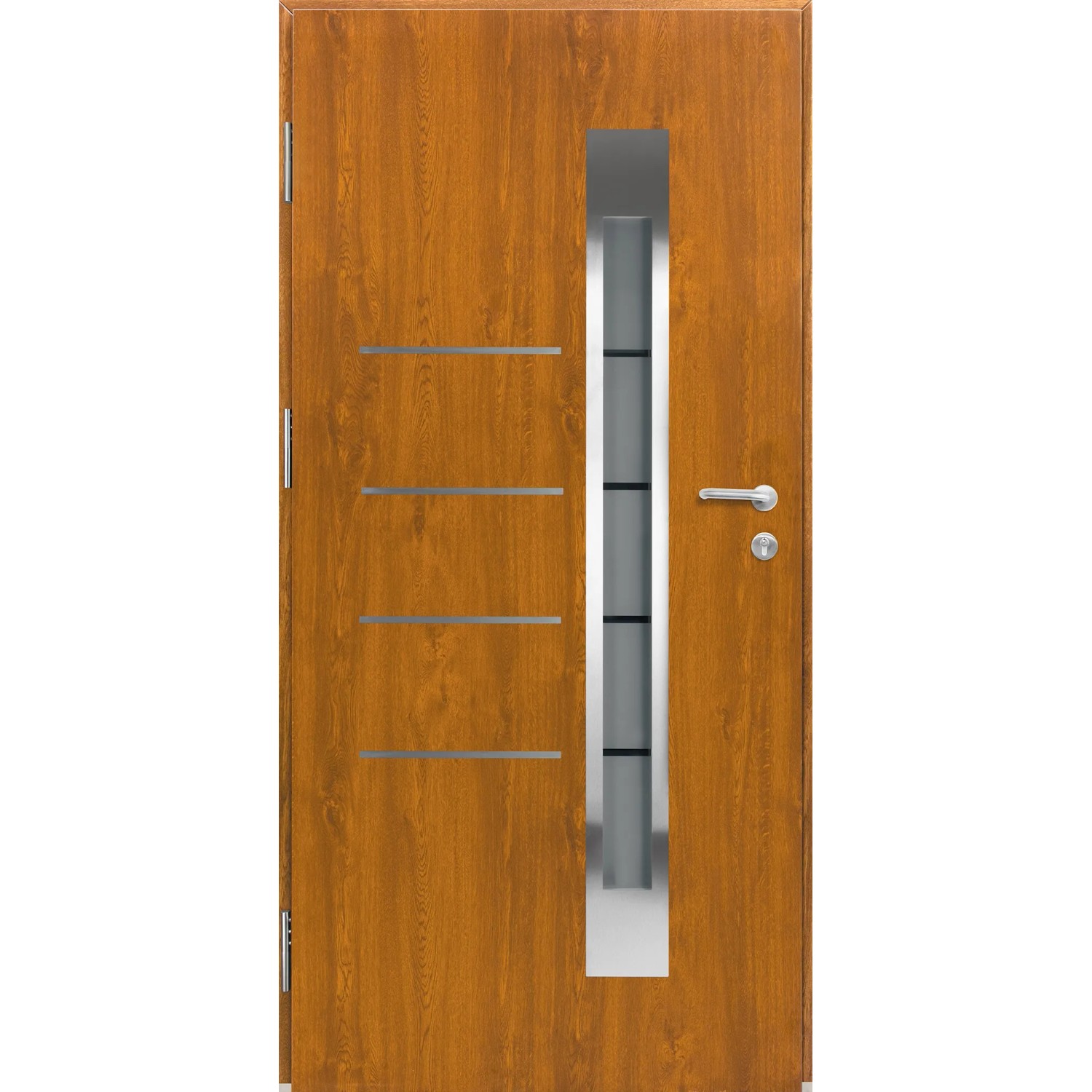 Splendoor Haustür Berlin Prime Golden Oak, 210x100 cm, mit Edelstahlapplikation und Glas.