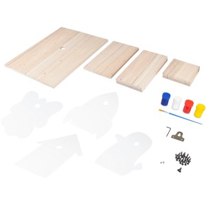 Nistkasten Bausatz Self-Made: Holzbauteile, Farben, Pinsel und Schablonen für Kinder zum Basteln.