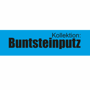Blaues Banner mit schwarzem Text 'Kollektion: Buntsteinputz'. Terralith Grundierung 14 Kg.