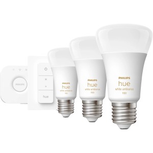 Philips Hue 3er Set E27 White Ambiance mit Dimmschalter. Smarte LED Lampen für warmweißes bis kaltweißes Licht.