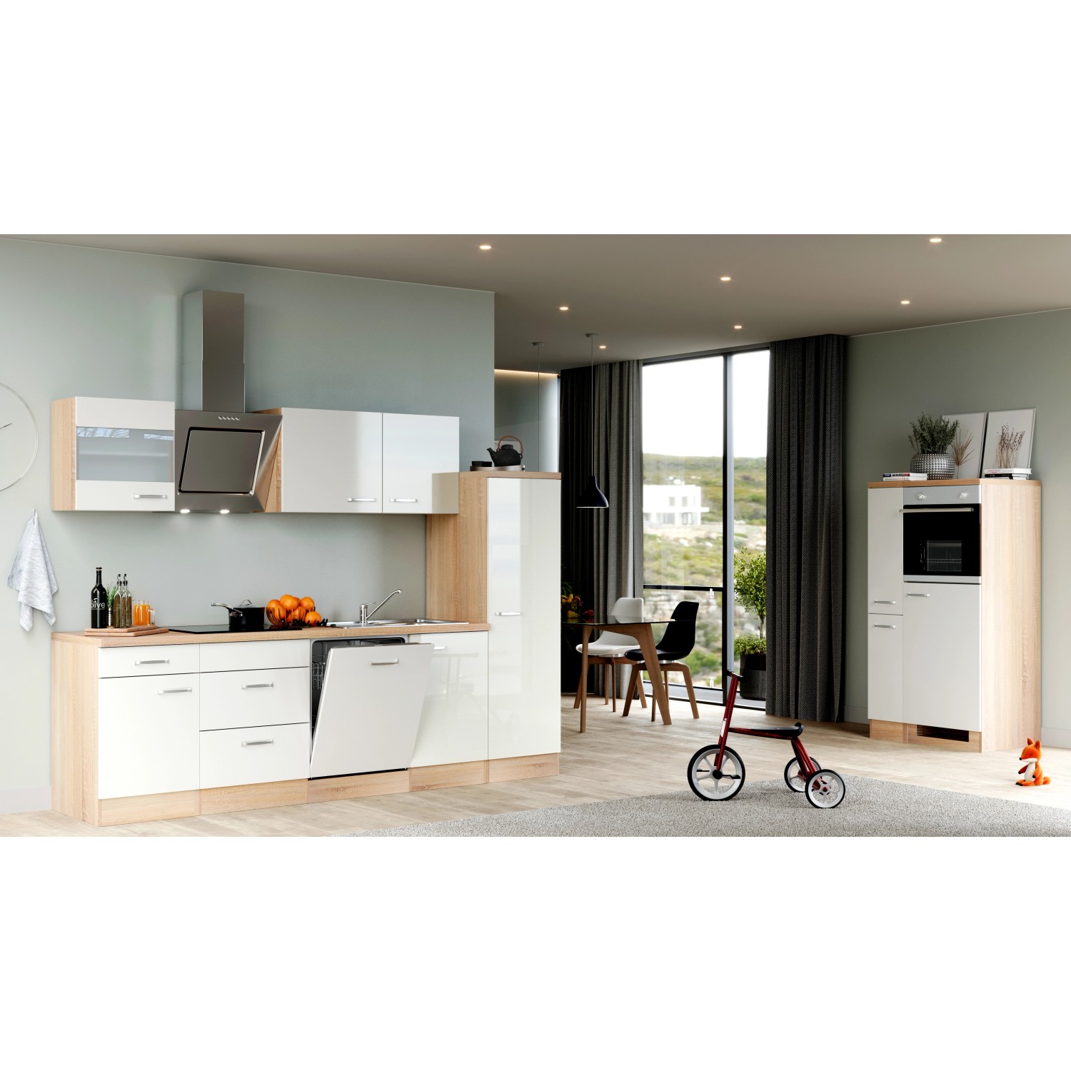 Moderne Küchenzeile Flex-Well Valero, 360 cm, Hochglanz Weiß und Sonoma Eiche Dekor.