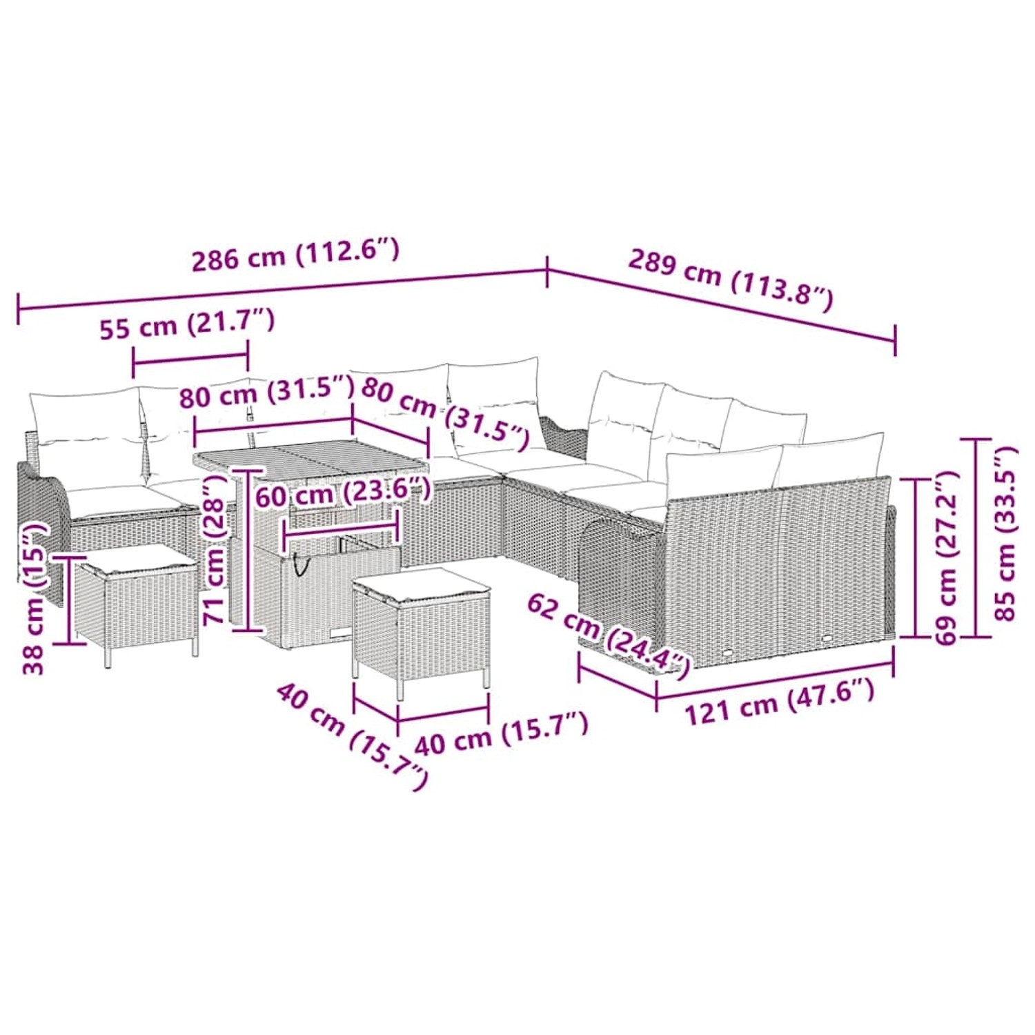 vidaXL Garten-Sofa-Set, 13-teilig, beige Poly Rattan. Gartenmöbel mit Tisch, Sesseln und Hockern.