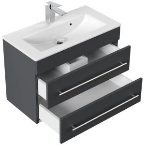 Posseik Badmöbel Portus 700 SlimLine in Grafit mit Waschbecken und zwei offenen Schubladen.