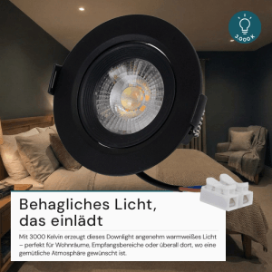 Schwarzer LUXULA LED Einbauspot, schwenkbar, 7W, warmweißes Licht in Wohnraum-Szene.