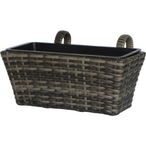 Anthrazit-grauer Polyrattan Balkonkasten 40x28x22 cm mit herausnehmbarem Kunststoffeinsatz.