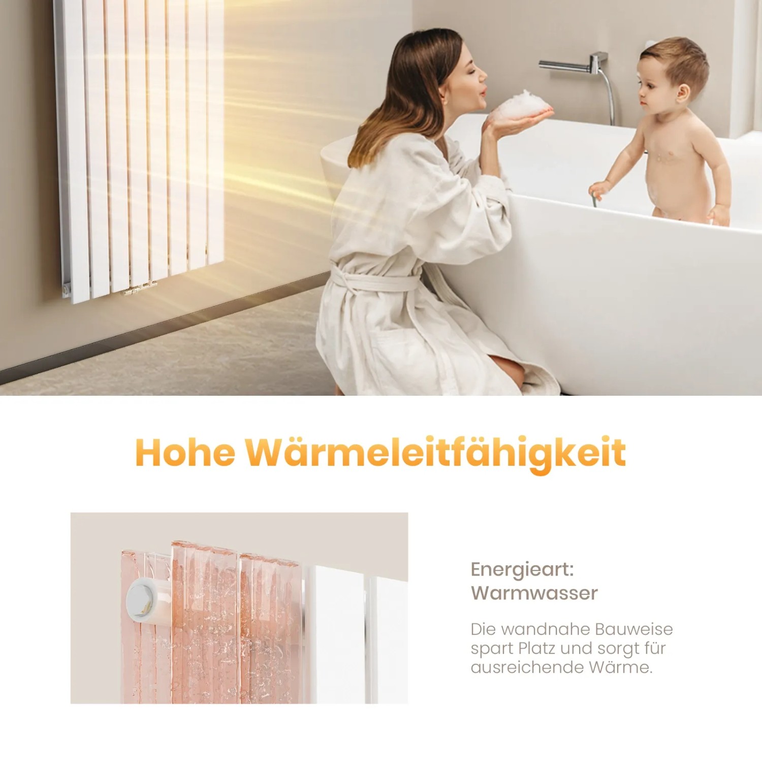Weißer Emke Badheizkörper (63x100cm) im modernen Bad mit Frau und Kind in der Badewanne.