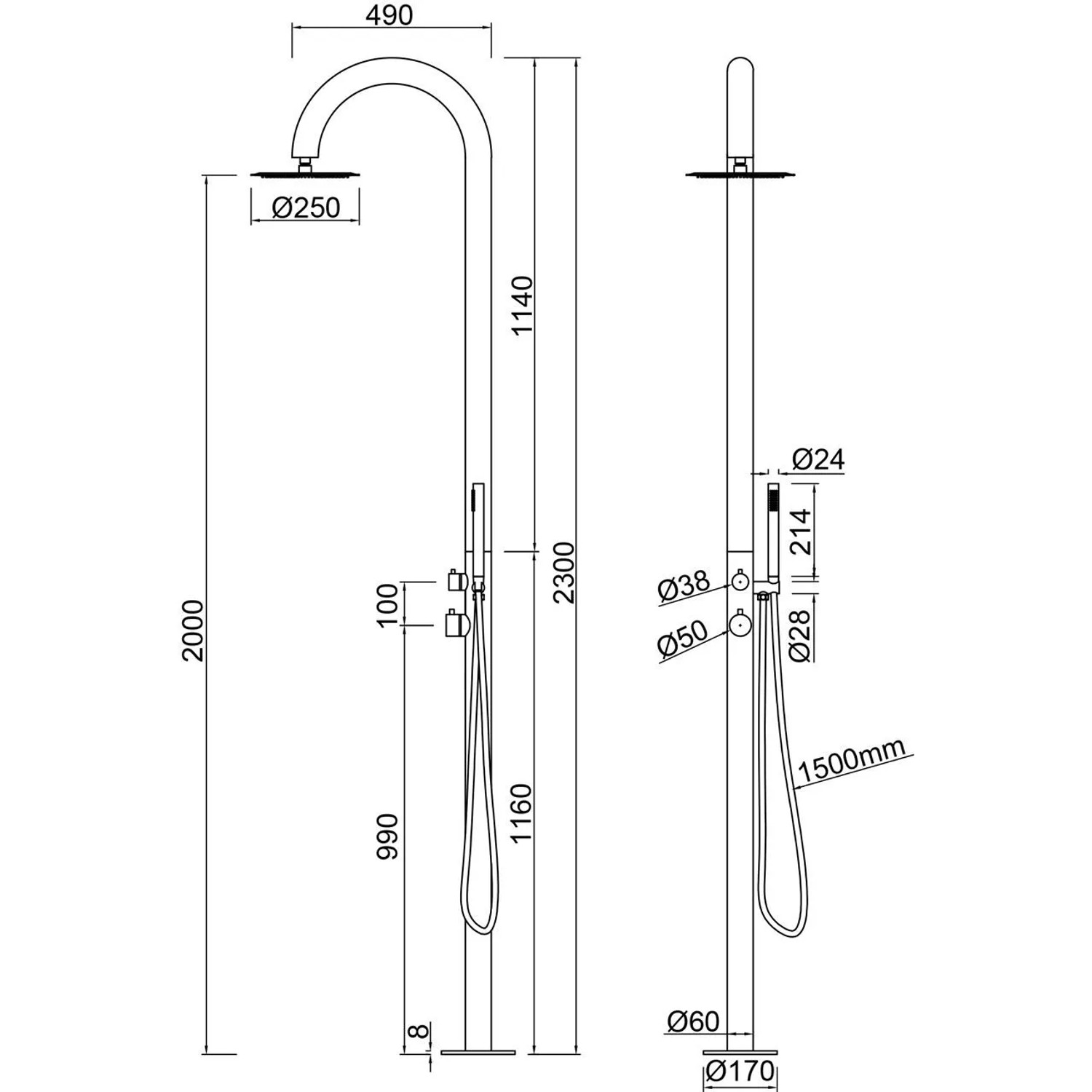 Technische Zeichnung Euroshowers Pure Classic Gartendusche Edelstahl mit Handbrause, Maße und Details.