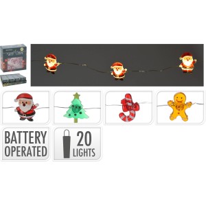 LED-Lichterkette mit Weihnachtsmotiven (Santa, Baum, Zuckerstange, Lebkuchenmann) für Innen, batteriebetrieben.