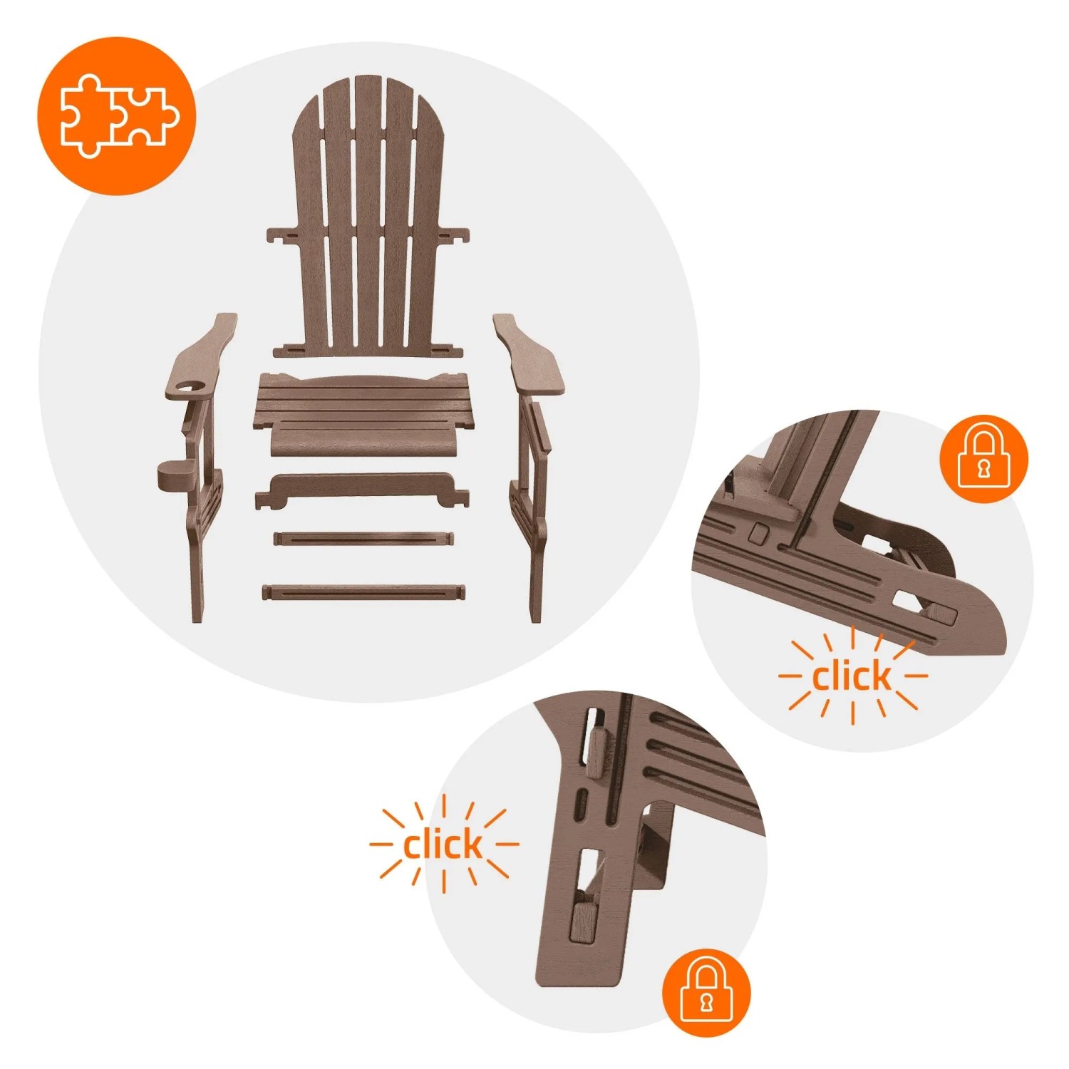 Brauner ML-Design Adirondack Gartenstuhl aus Kunststoff, zerlegt, mit Stecksystem für einfache, werkzeuglose Montage.