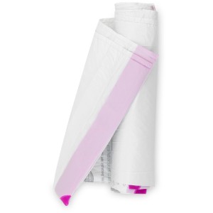 Brabantia Müllbeutel PerfectFit 12L Rolle, weiße Abfallsäcke mit lila Verschlussband.