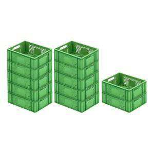SuperSparSet: 12 grüne Eurobehälter/Obstkisten (13L) gestapelt. Ideal für Transport & Lagerung.