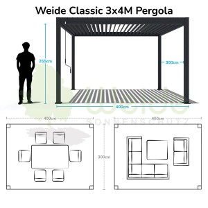 Freistehender Weide Pavillon Classic 3x4 m in Anthrazit mit verstellbaren Lamellen und Maßangaben.