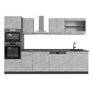 Vicco R-Line Küchenzeile 300 cm in Beton/Anthrazit mit Hochschrank und Dunstabzugshaube.