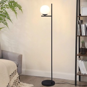 Schwarze NETTLIFE Stehlampe mit rundem Fuß und leuchtendem weißem Glaskugel-Schirm. Modernes Metalldesign für Innenleuchten.