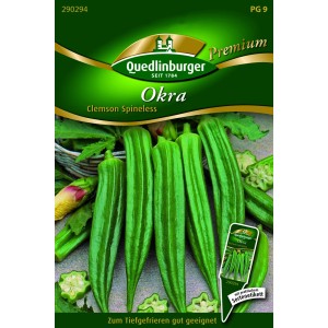Samenpackung Quedlinburger Okra 'Clemson Spineless' mit grünen Okraschoten.