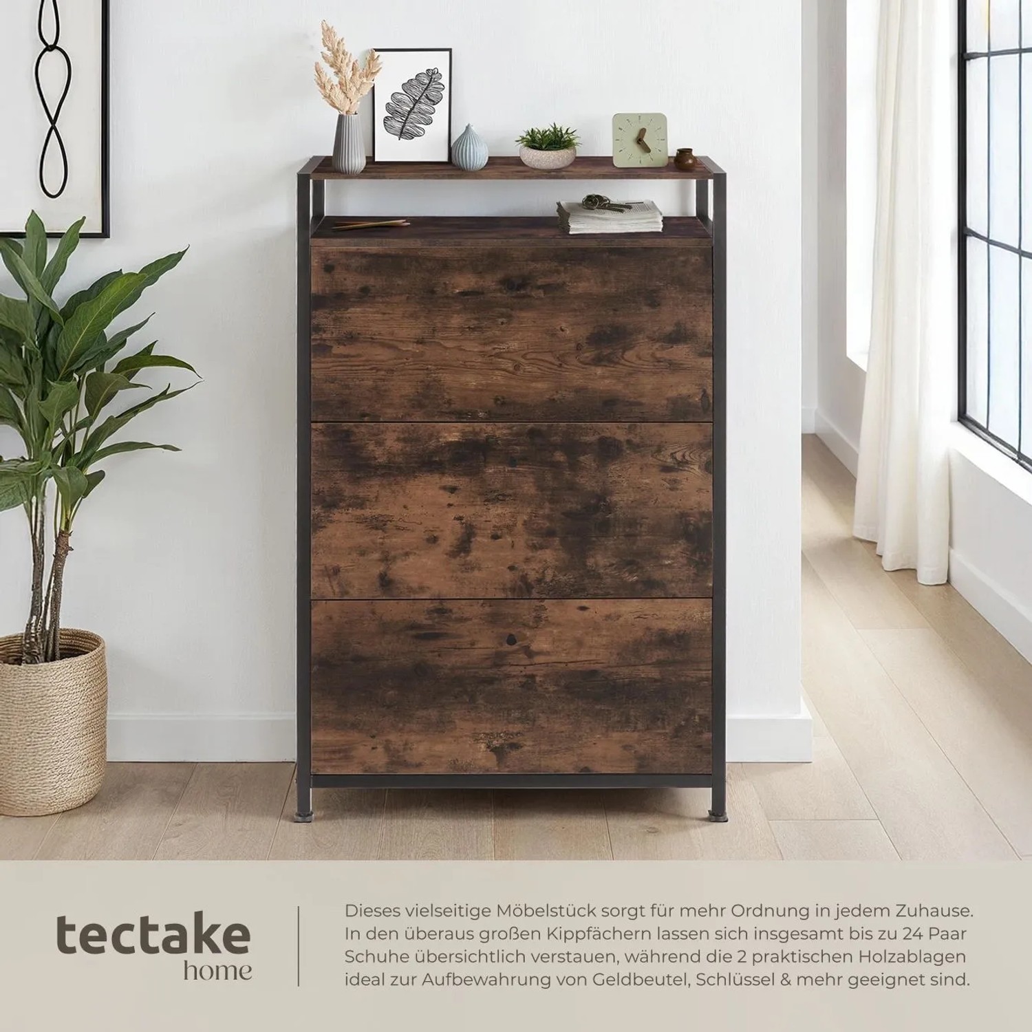 Tectake Schuhschrank Buffalo Industrial Style Holz und Stahl  81 x 32 x 130 cm Industrial Holz Dunkel  Rustikal_4