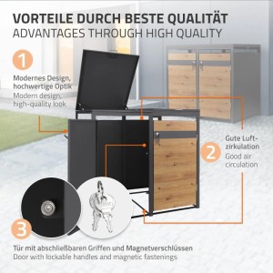 ML-Design Mülltonnenbox 2er, Anthrazit-Eichenoptik. Modern, abschließbare Türen, Gasdruckfedern, gute Luftzirkulation. Für 240L.