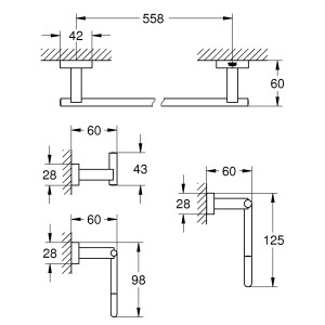 Technische Zeichnung Grohe Bad-Set 4 in 1 Essentials Cube mit Maßangaben.