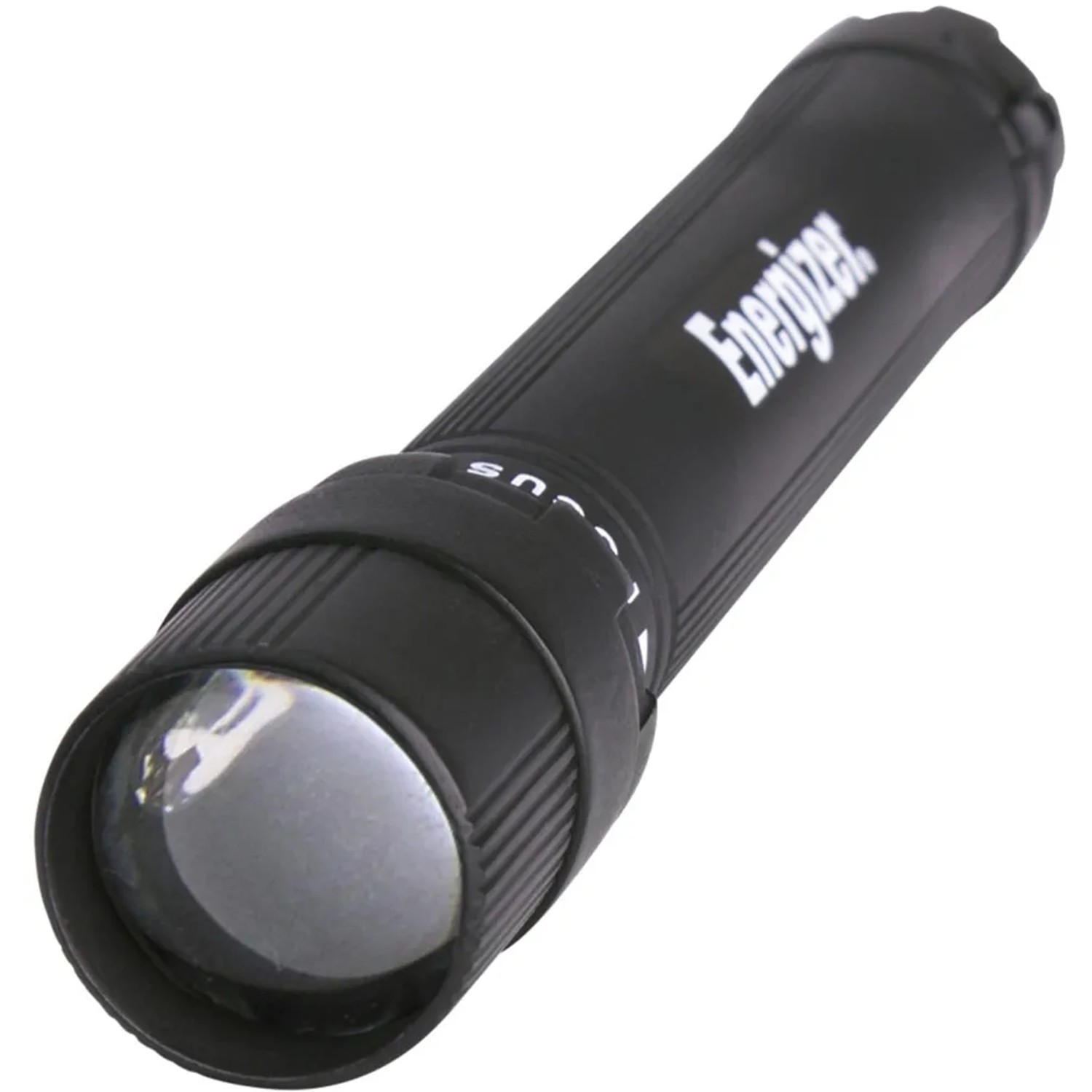 Schwarze Energizer X-Focus Taschenlampe mit Strahlfokussierung und Batterien.