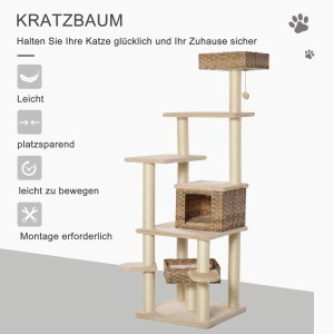 Hoher Rattan Kratzbaum mit Katzenhöhle und Sisalstämmen für Katzen.