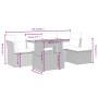 Graue 6-tlg. vidaXL Garten-Sofagarnitur aus Polyrattan mit Kissen, Maße eingezeichnet.