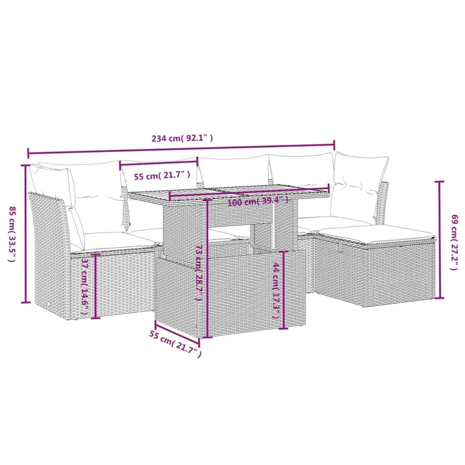 Graue 6-tlg. vidaXL Garten-Sofagarnitur aus Polyrattan mit Kissen, Maße eingezeichnet.
