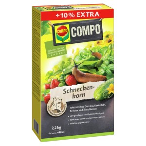 Compo Schneckenkorn 2.200g Packung mit Schnecken auf Gemüse und Erdbeeren. Schutz für den Garten.
