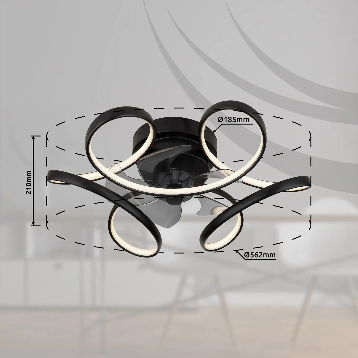 Schwarzer Globo LED-Deckenventilator Loris, Ø 56 cm, mit geschwungenen Leuchtelementen und transparenten Rotorblättern.