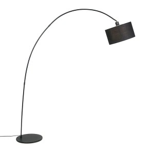 Moderne, schwarze Bogenlampe Vinossa mit Stoffschirm für Innenräume.