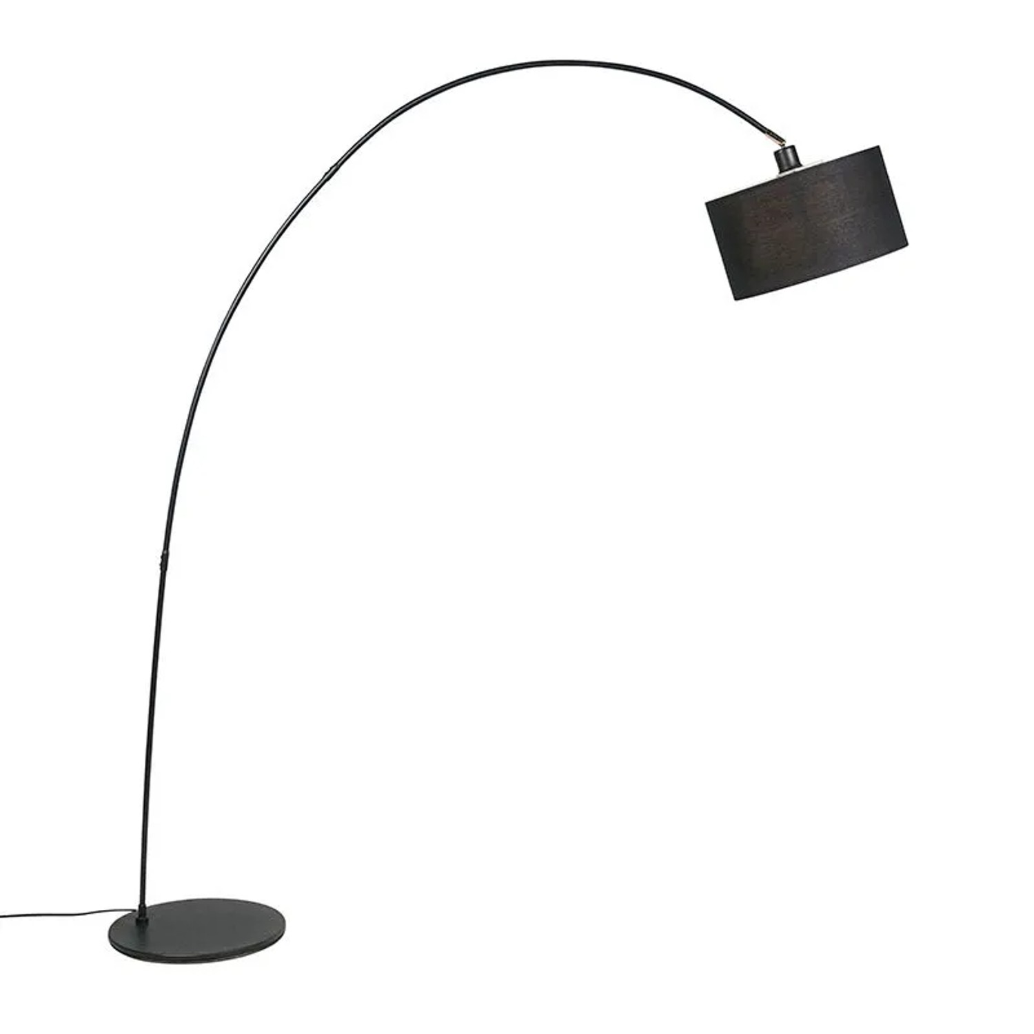 Moderne, schwarze Bogenlampe Vinossa mit Stoffschirm für Innenräume.