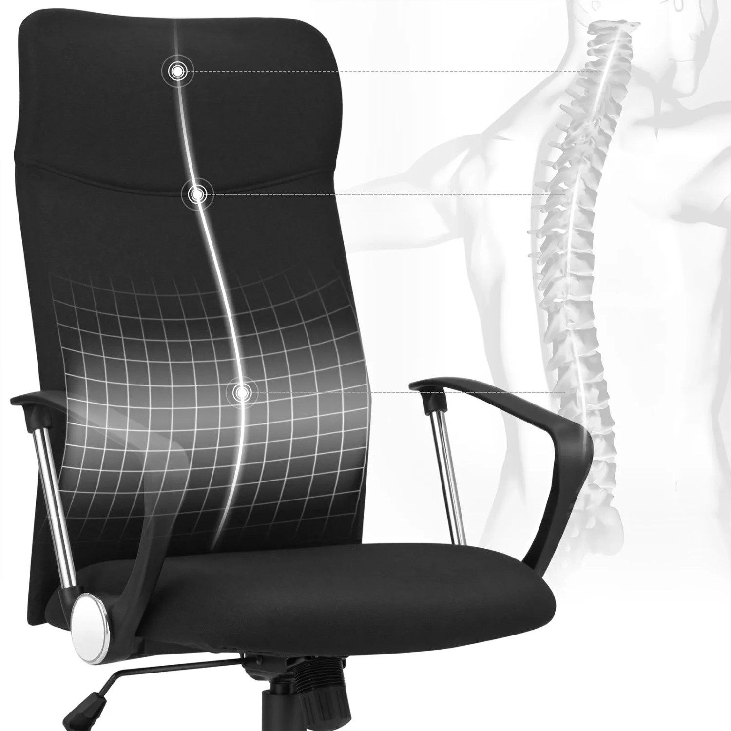 Ergonomischer, schwarzer Songmics Bürostuhl mit hoher Rückenlehne und Lordosenstütze.