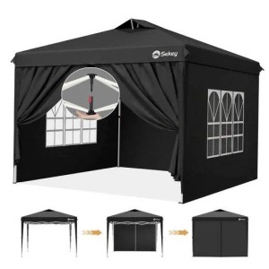 Schwarzer Sekey Faltpavillon 3x3 m mit 4 Seitenteilen, Fenstern und One-Touch-System. Pop-Up Partyzelt für schnellen Aufbau.