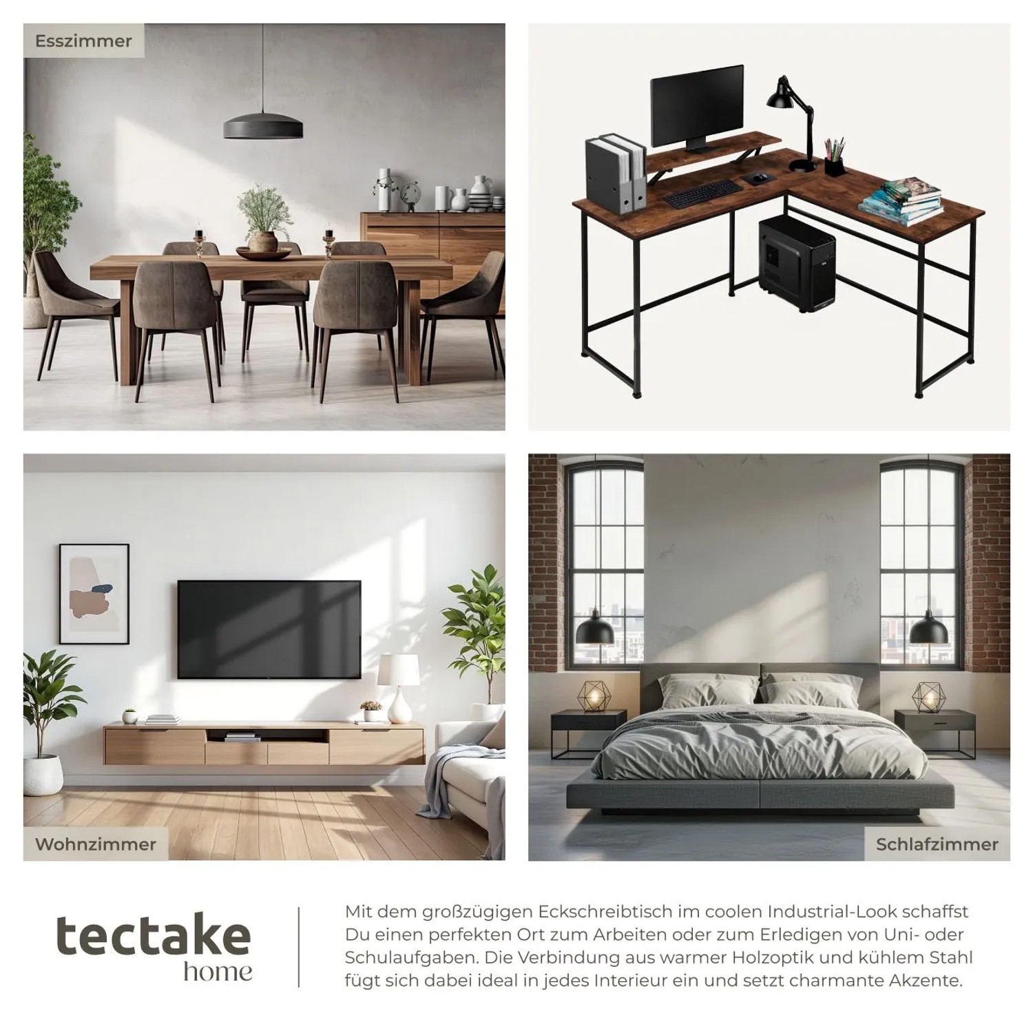 Tectake Eckschreibtisch Melrose im Industrial Style mit PC und Zubehör.