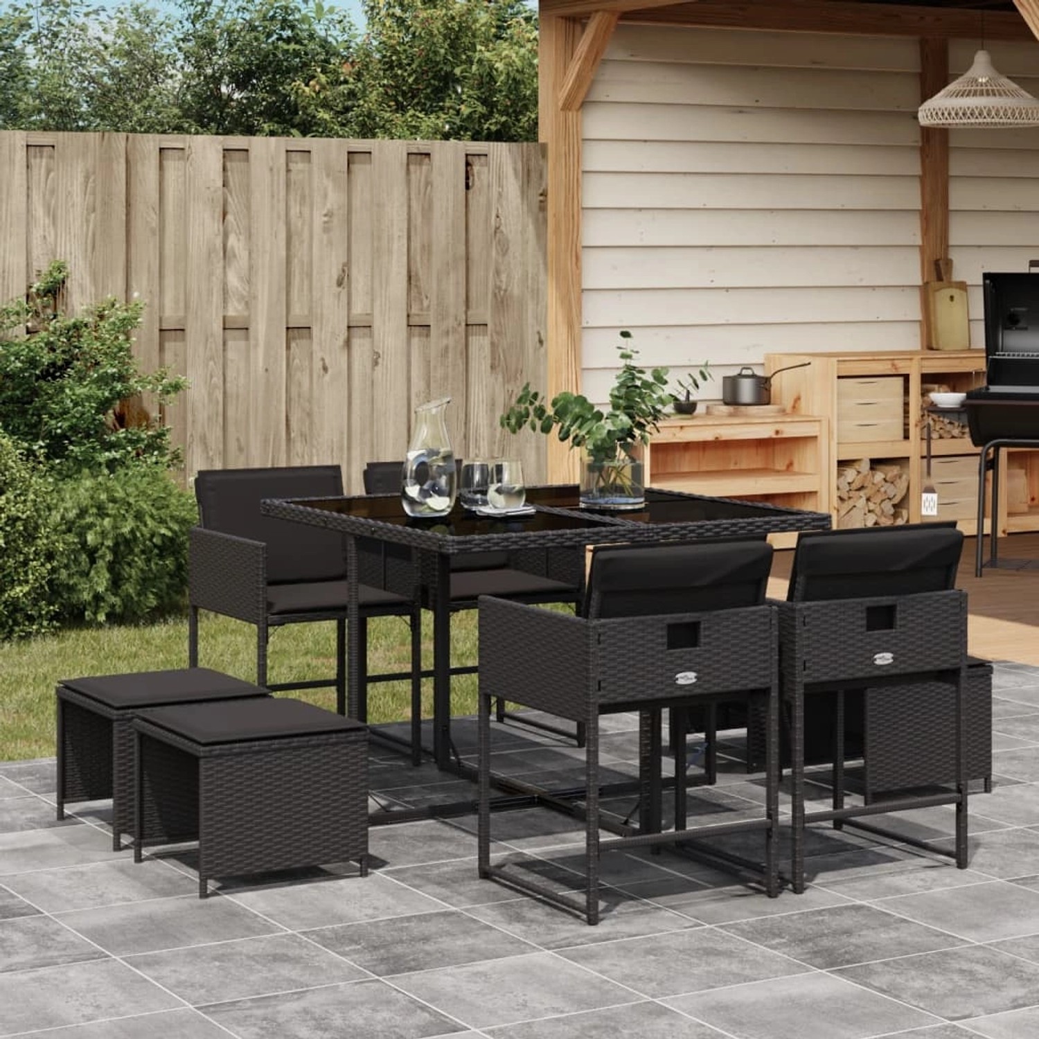 Schwarze 9-tlg. vidaXL Garten-Essgruppe aus Polyrattan mit Kissen. Gartenmöbel-Set mit Tisch, Stühlen und Hockern.