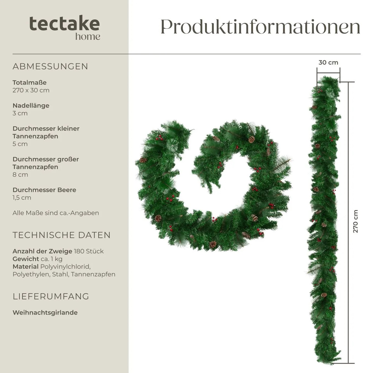 Tectake Weihnachtsgirlande, 270cm, mit Zapfen und Beeren, rot und grün, als festliche Weihnachtsdekoration.