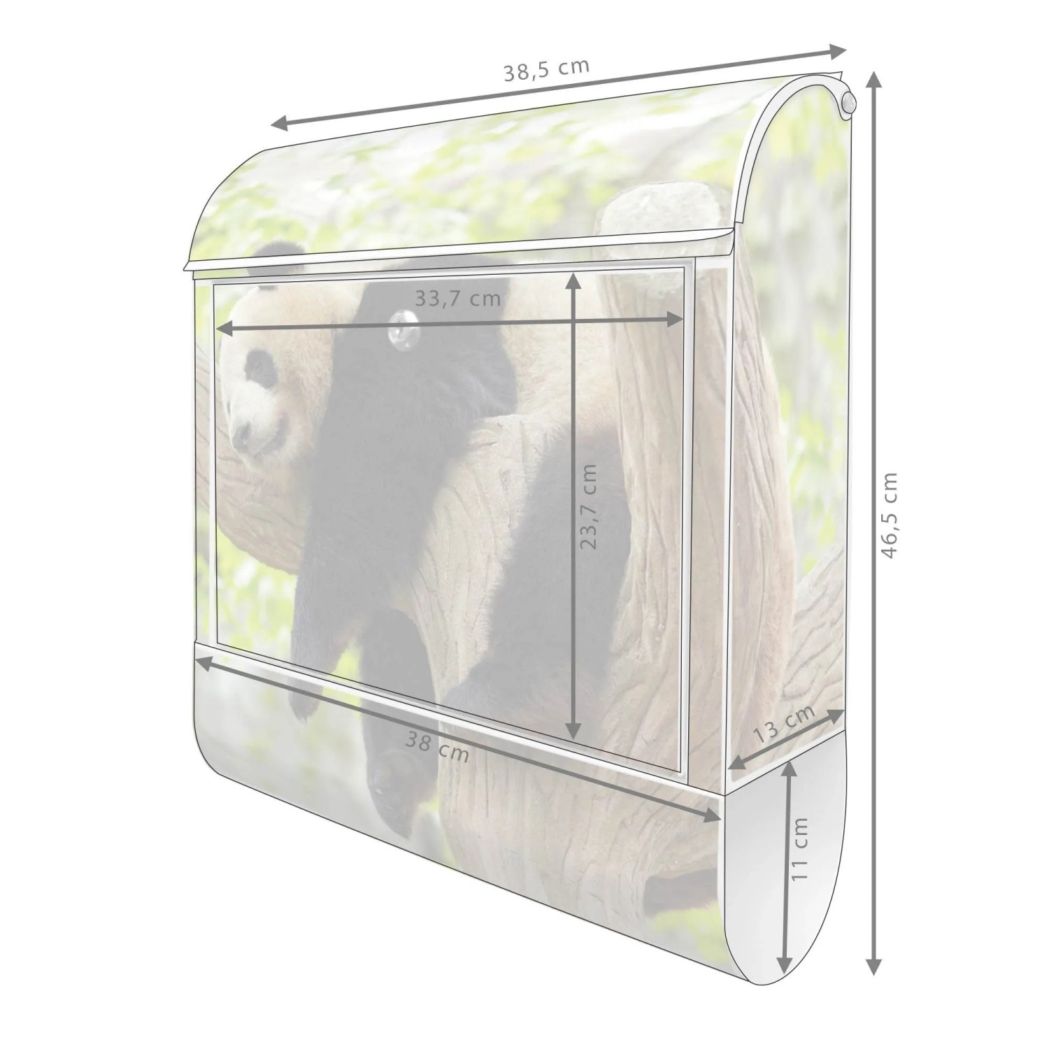 Weißer Design Briefkasten mit Panda Motiv und Zeitungsfach. Pulverbeschichtet, 39x47x14cm.
