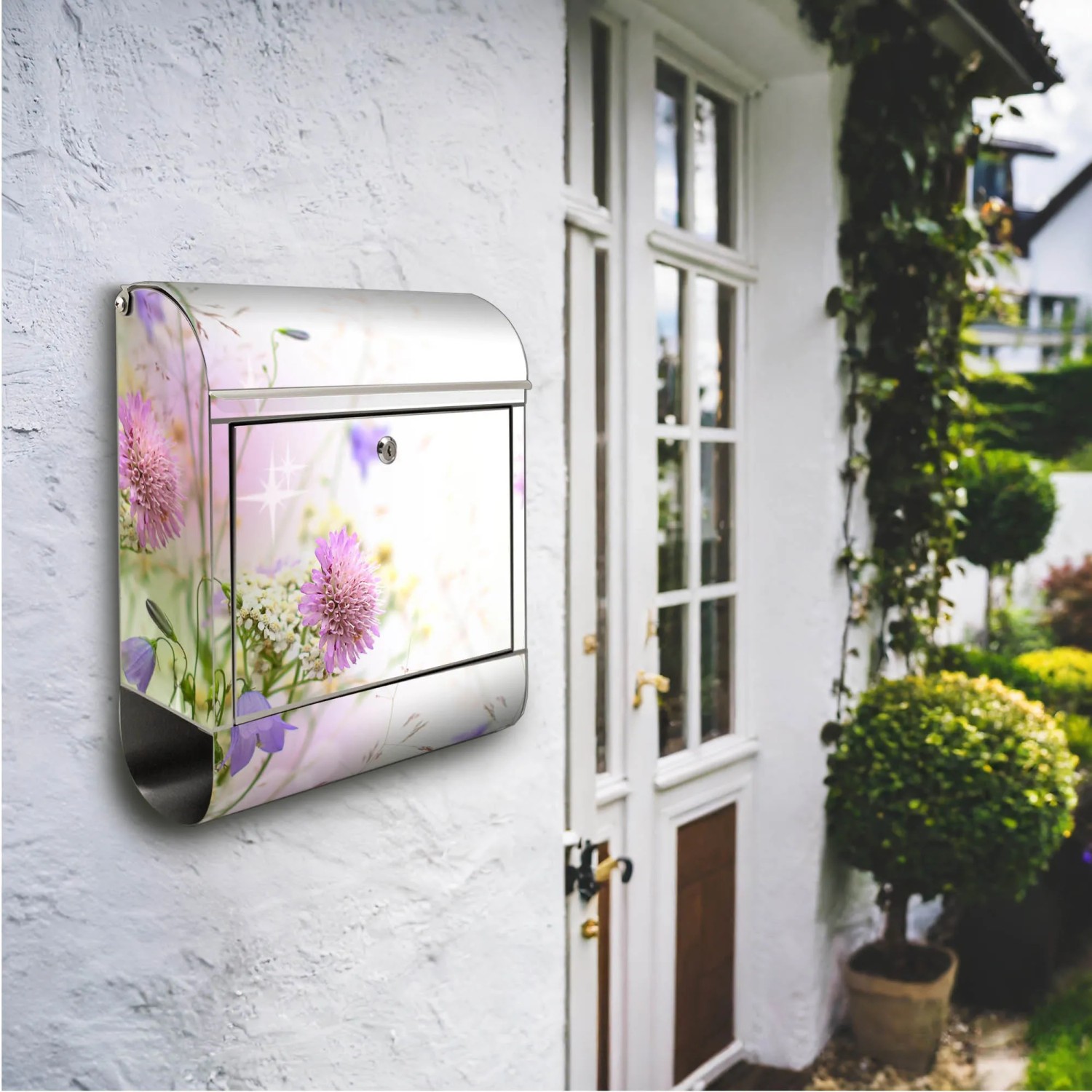 Edelstahl Briefkasten mit Motiv Glitzernde Wiese und Zeitungsfach, rostfrei.