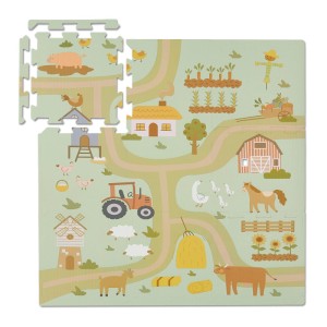 Bunte Kinderpuzzlematte mit Bauernhof-Motiv, abwischbar, 89,5x89,5 cm. Ideal als Spiel- oder Krabbelunterlage.