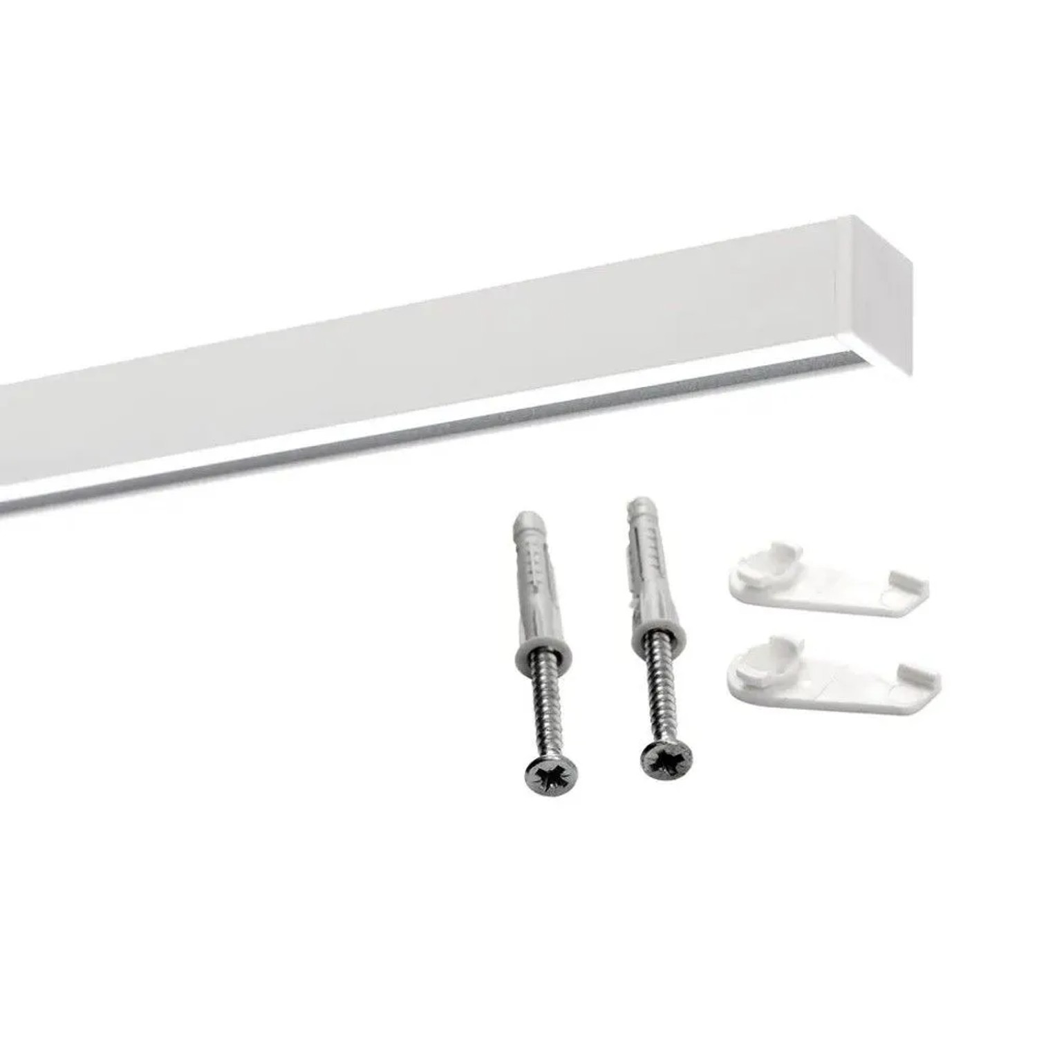 Weiße 1-Lauf Gardinenschiene Square mit Befestigungsmaterial. Ideal für Deckenmontage von Vorhängen.