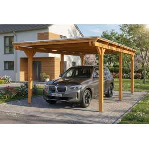 Skan Holz Carport Emsland aus hellem Leimholz (Eiche hell), 340x604 cm, mit Flachdach und Stahlplatten. Ein Auto steht darunter.