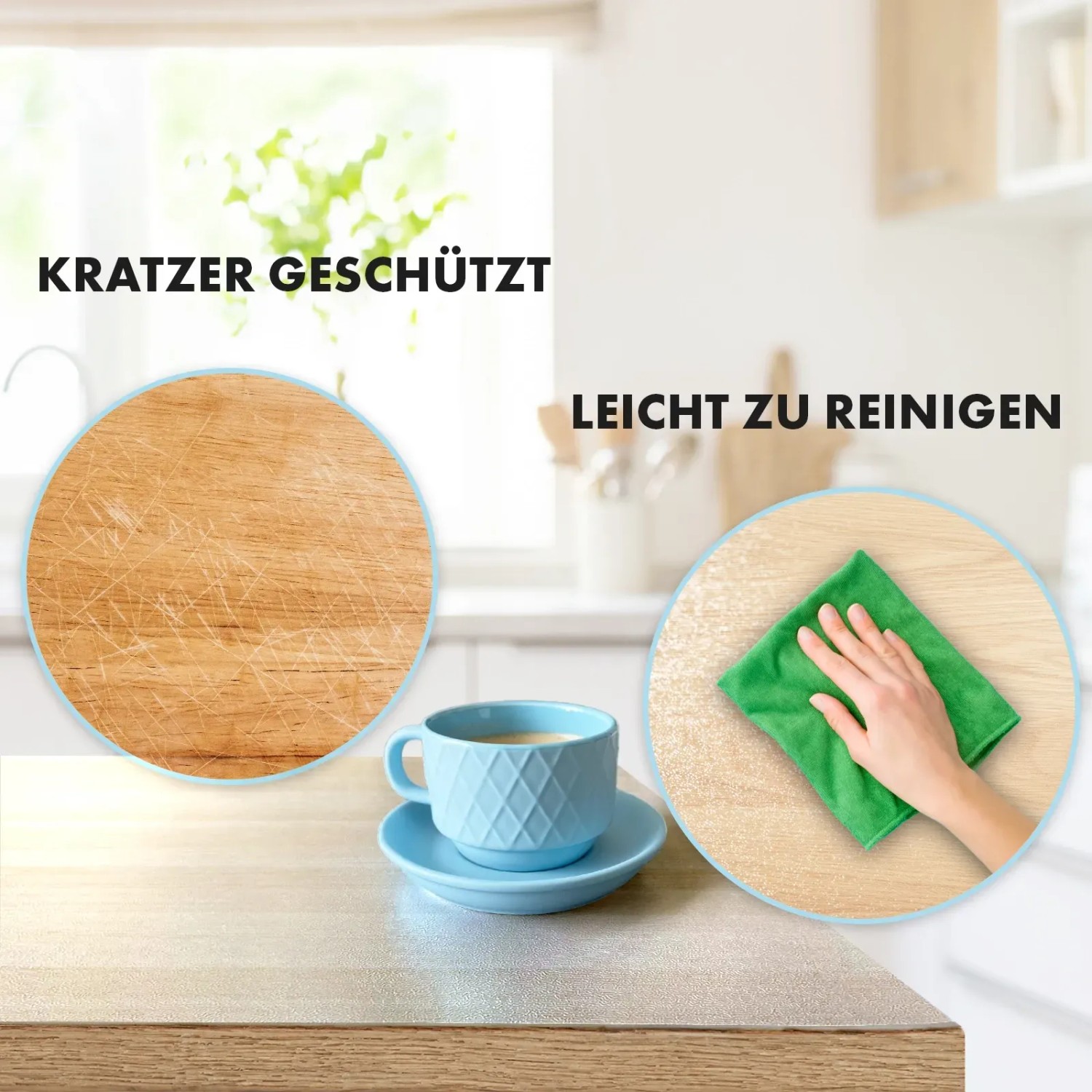Transparente KARAT Tischfolie 60x85cm schützt Tisch vor Kratzern und ist leicht zu reinigen.