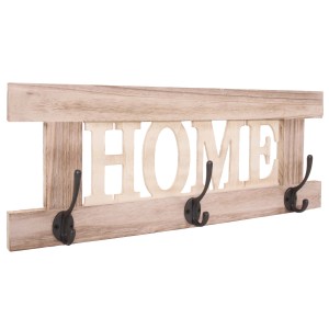 Wandgarderobe im Shabby-Look mit Schriftzug "HOME" und drei Doppelhaken.